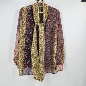 Soft Surroundings Mixed Paisley Blouse Multicolor Patchwork Tie Neck Sheer Sz 2X